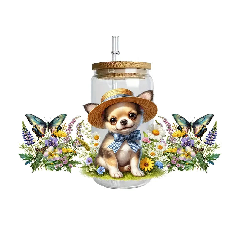 Cute dogs artwork UV 3D transfers UV DTF  stickers 16oz cup wraps
