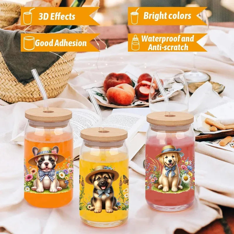 Cute dogs artwork UV 3D transfers UV DTF  stickers 16oz cup wraps