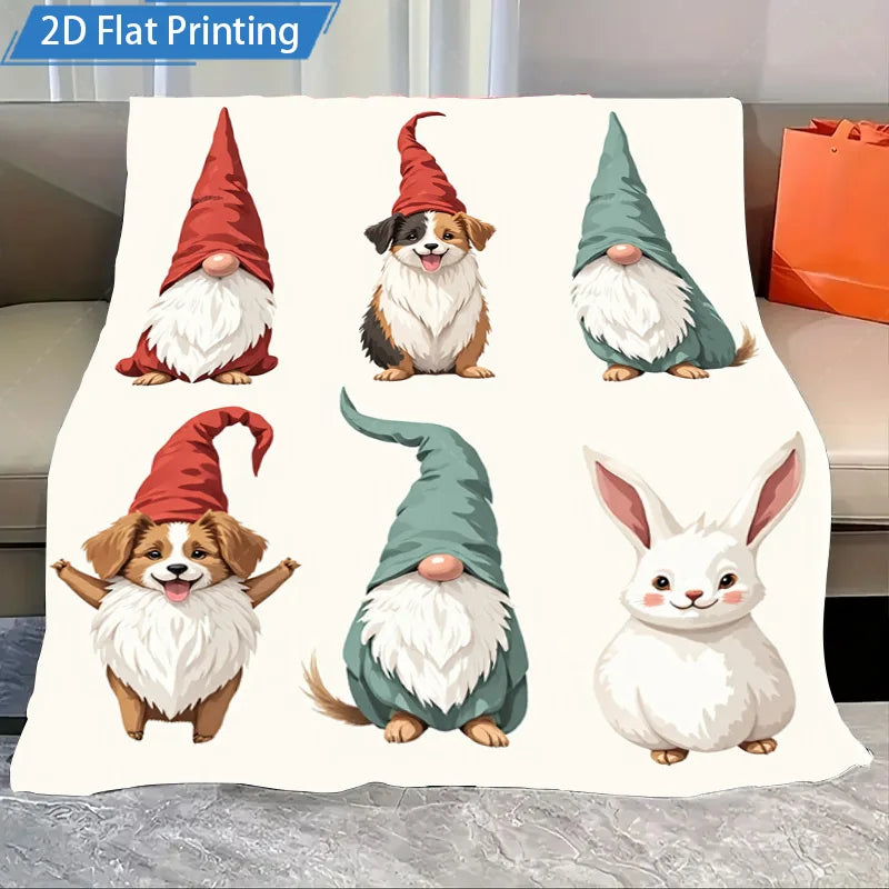1pc Flannel Blanket Cute Gnomes and Pets Fleece Blanket 2D Printed Soft Cozy Throw for Home Decor Bedroom Living Room