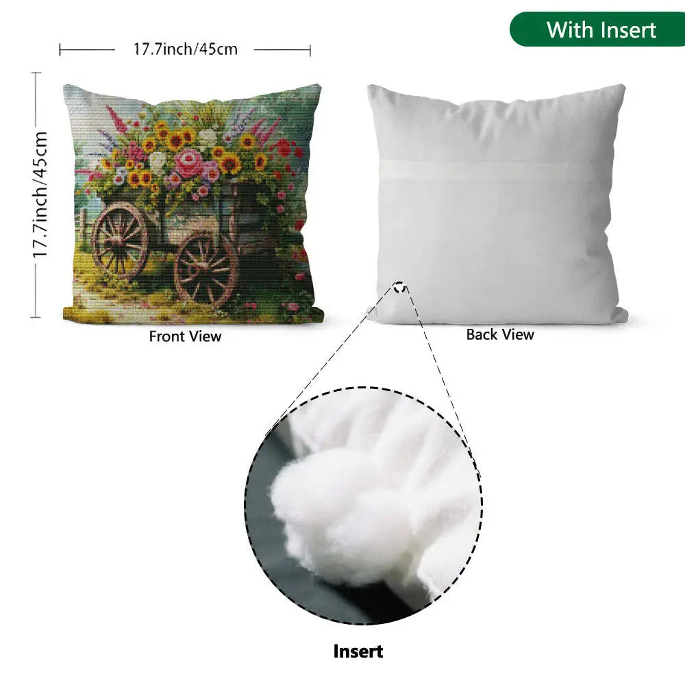 Cross Stitch Pillow Flower Basket Cart 11ct