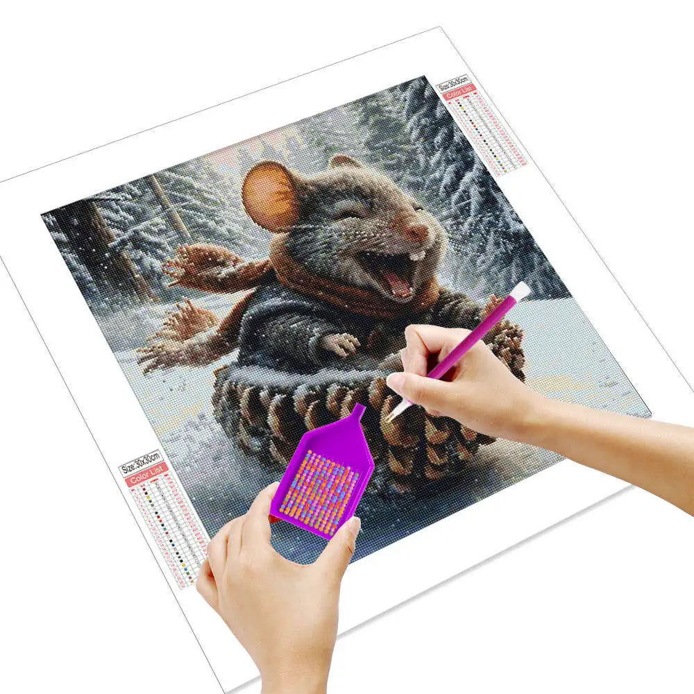 5D DIY Skiing Squirrels Diamond Painting Winter Snow New