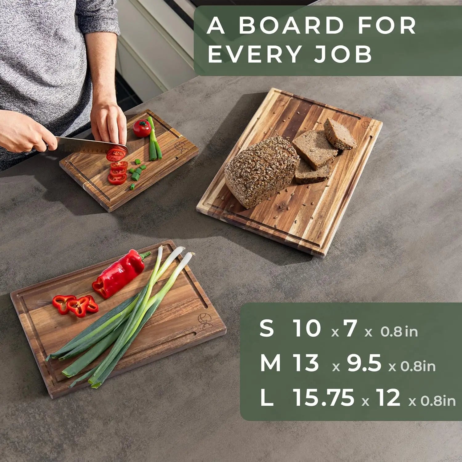 Solid Acacia Wood Cutting Board Set - 4 Sizes