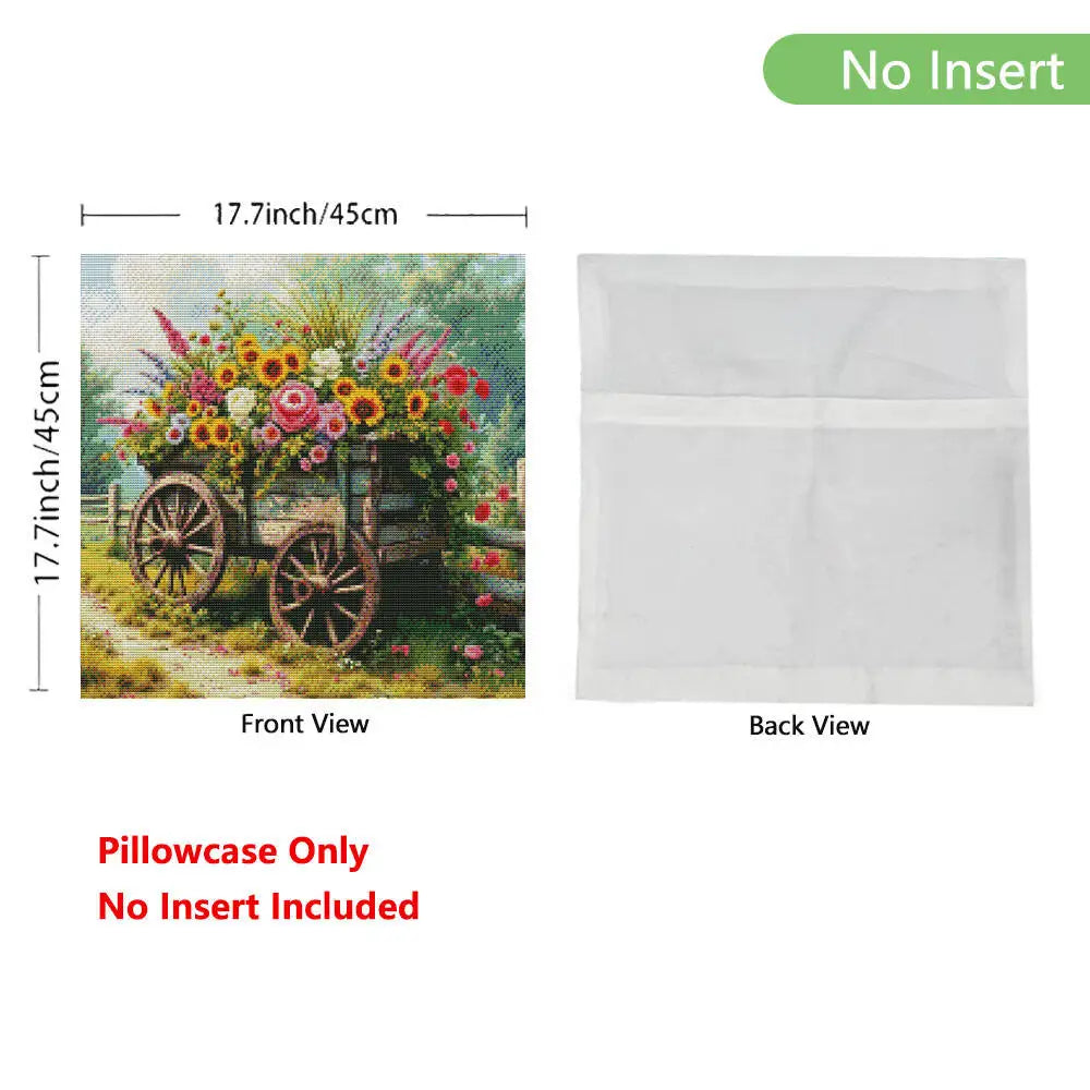 Cross Stitch Pillow Flower Basket Cart 11ct