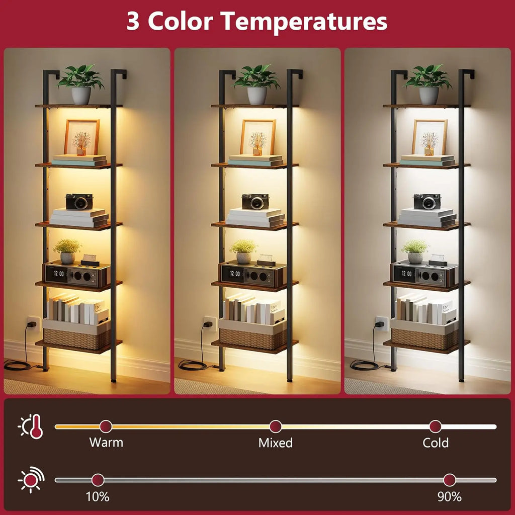 5-Tier Wall-Mounted Ladder Shelf with LED Light, Metal Frame