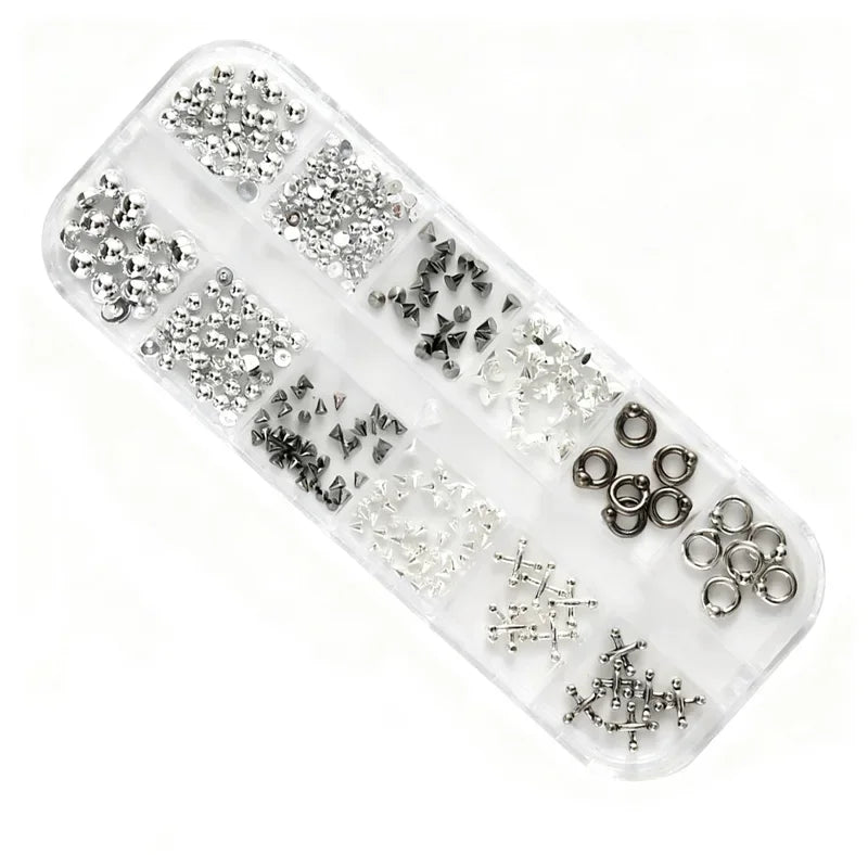 "12 Grid Gothic Nail Patch -3D Grey and Silver Alloy Rivets, Y2K Punk Nail Accessories, Metal Ring, Used for Nail Decoration.