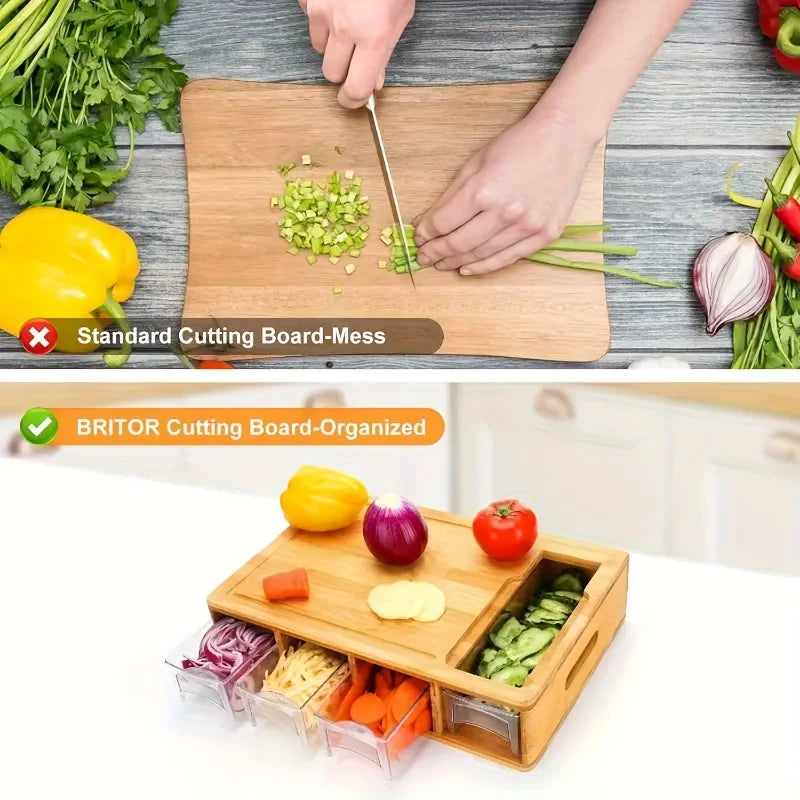 Multifunctional Bamboo Cutting Board Set with 4 Vegetable Cutting Blades