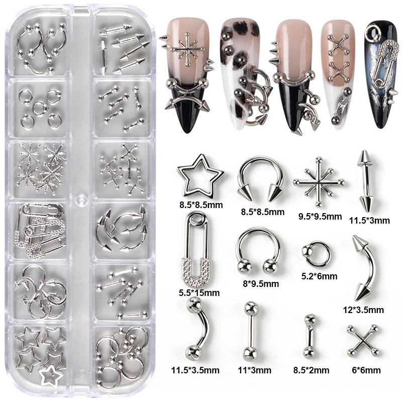 12 Grids Goth Punk Nail Charms Studs Y2K Piercing Designs Metallic Silvery Nails Art Rivets 3D Stars Alloy Nail Art Decorations