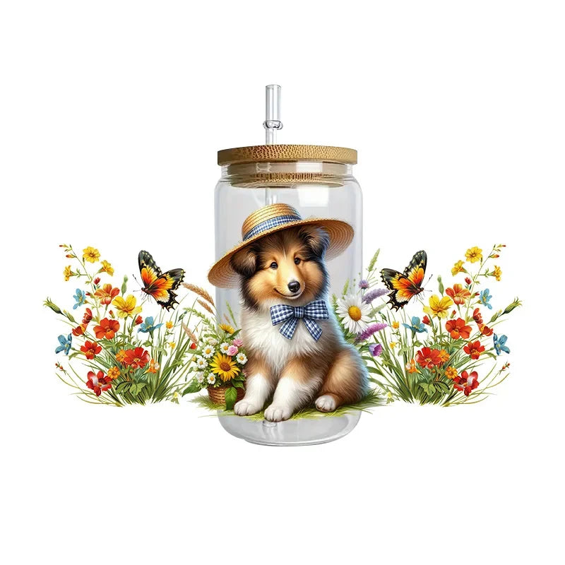 Cute dogs artwork UV 3D transfers UV DTF  stickers 16oz cup wraps