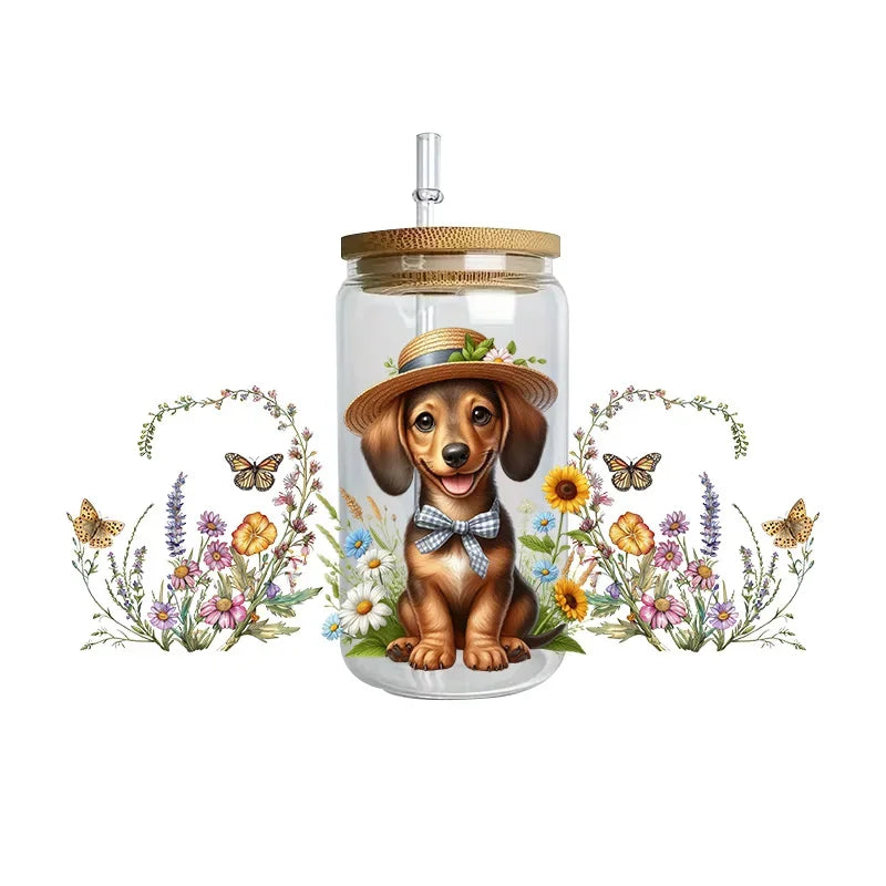 Cute dogs artwork UV 3D transfers UV DTF  stickers 16oz cup wraps
