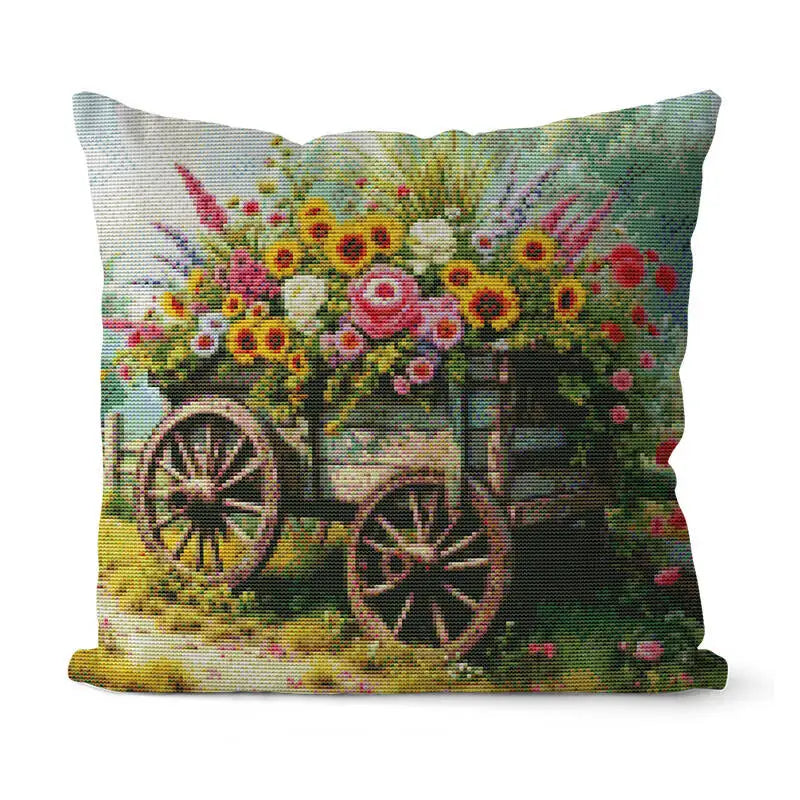 Cross Stitch Pillow Flower Basket Cart 11ct