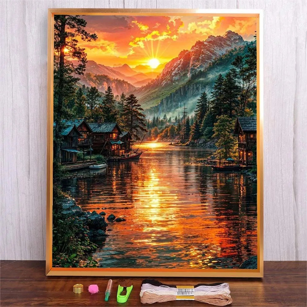 DIY Cross Stitch Sunset Mountain Lake Embroidery Kit