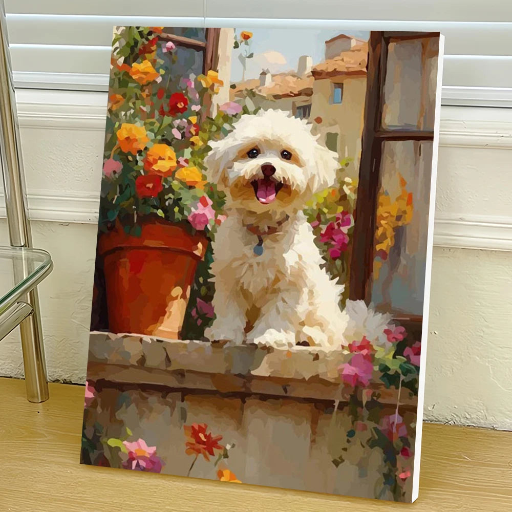 DIY Digital Oil  Painting By Numbers Flower Puppy Drawing On Canvas