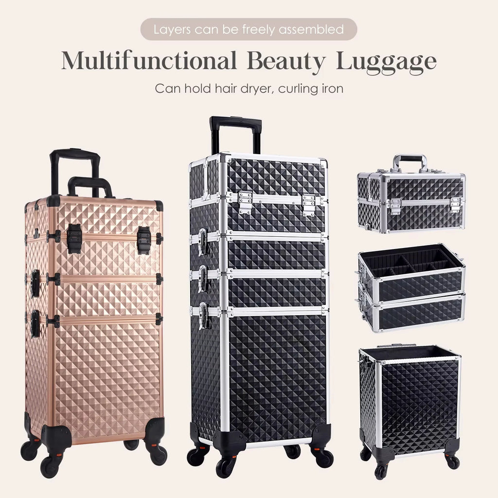 Makeup Trolley Case Detachable 4 in 1 Alloy Train Briefcase for Nail Manicure on Wheels