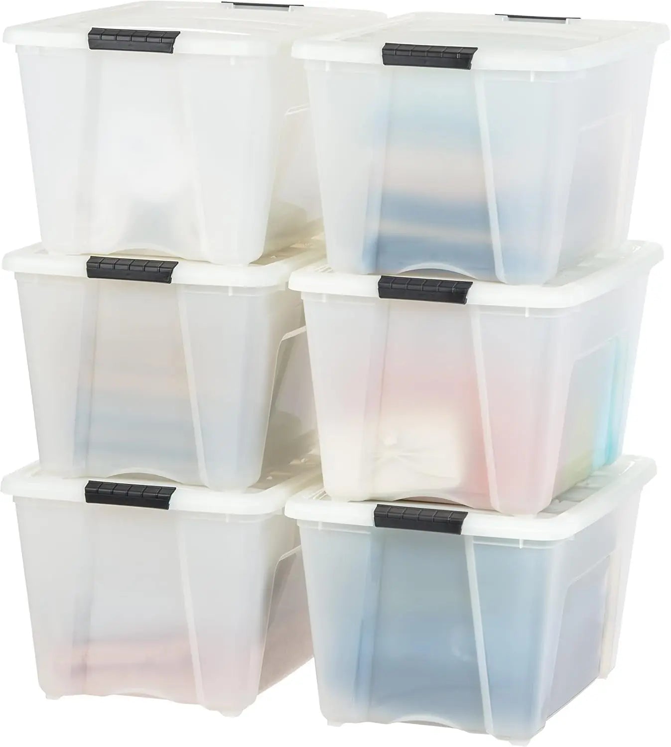 Stackable Plastic Storage Bins with Lids, Latches, Durable Nestable Containers, Secure Pull Handle - Pearl