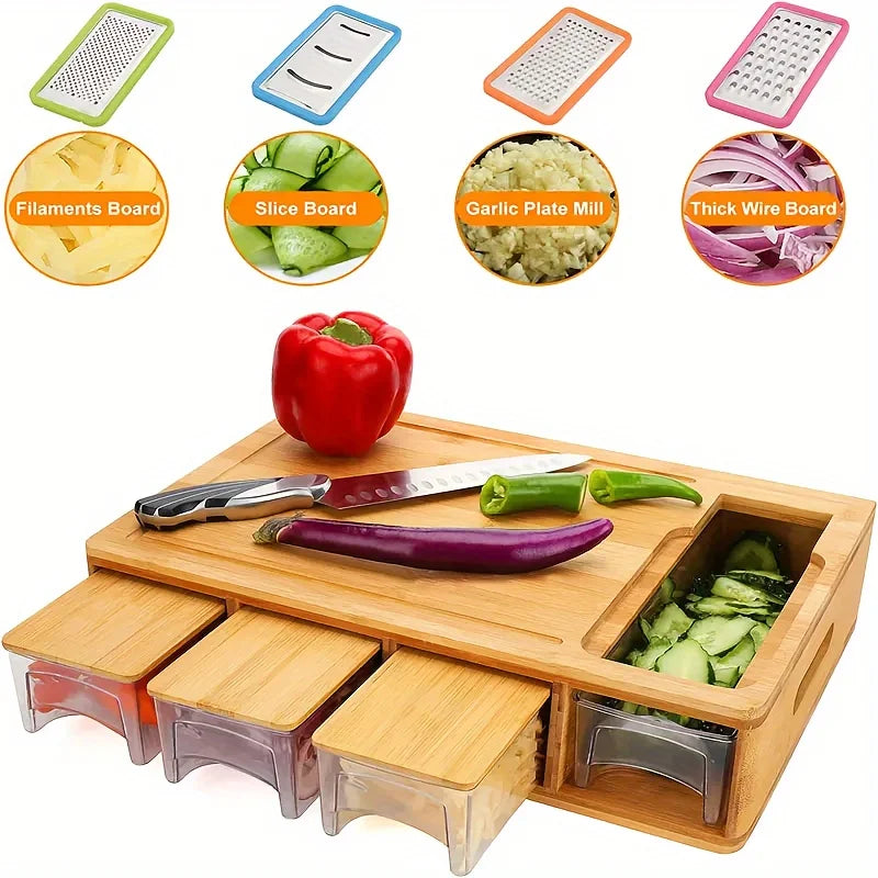 Multifunctional Bamboo Cutting Board Set with 4 Vegetable Cutting Blades