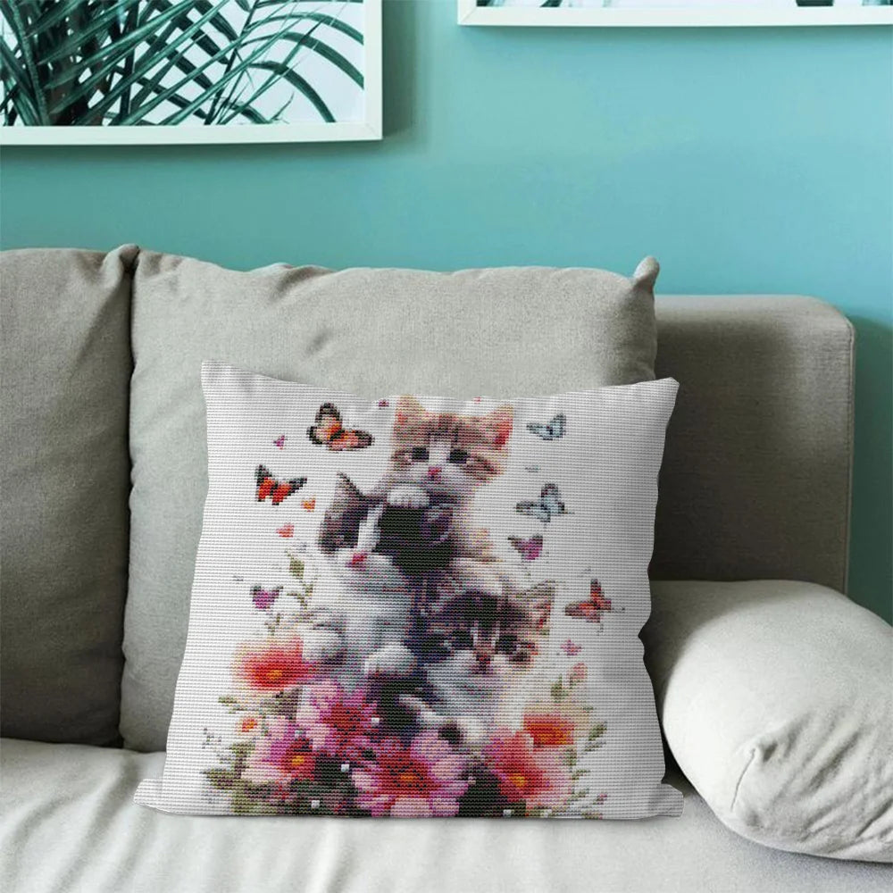Cat Cross Stitch Pillow Kit Flower Printed Canvas 11CT Needlework Set Cartoon Handmade Craft Living Room Accessories