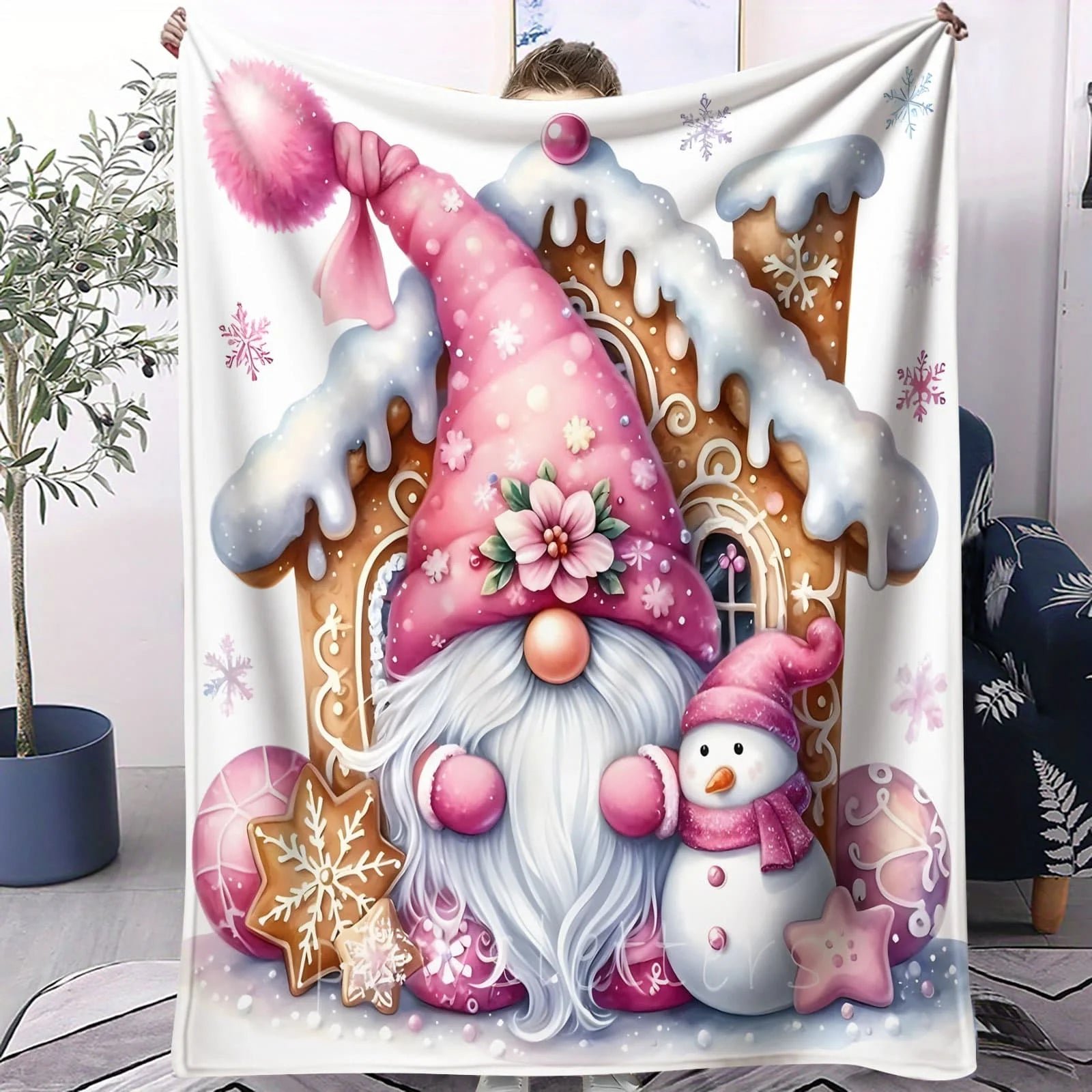 Fantasy Gnome Flannel Blanket Flower Christmas Gnomes Bedroom Throw Decor Camping Sofa Blanket Kids Couples Family Friends Gift