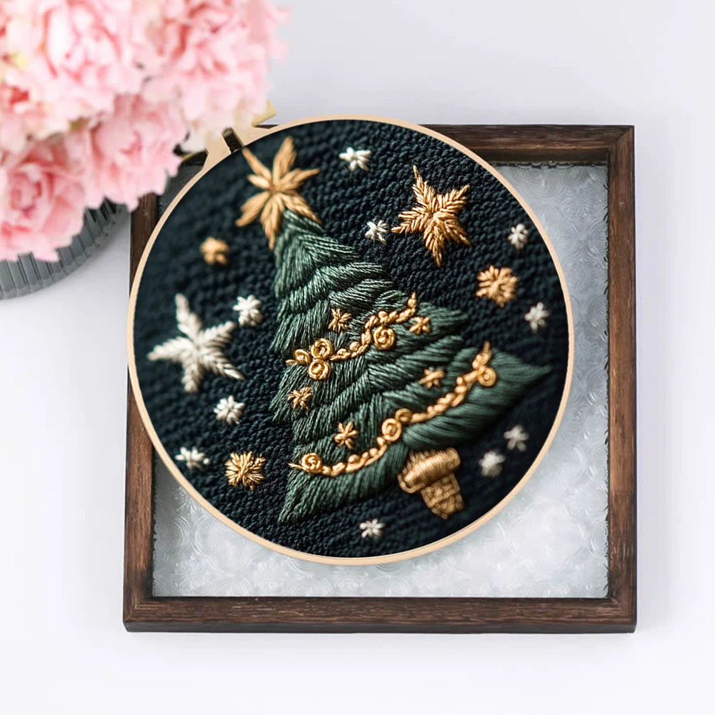 Christmas Tree Stamped Cross Stitch Embroidery Kits with Hoop Cloth Color Thread