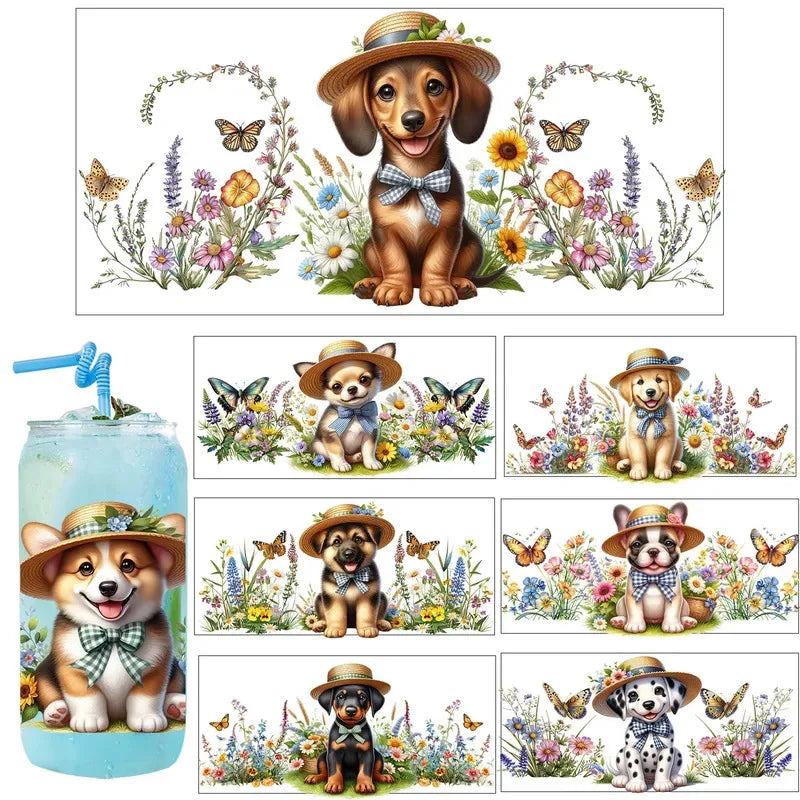 Cute dogs artwork UV 3D transfers UV DTF  stickers 16oz cup wraps