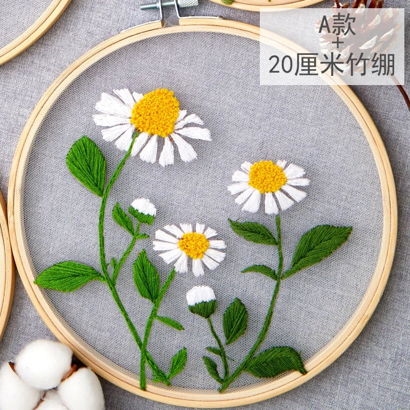 DIY Flowers Plants Pattern Embroidery Set Needlework Tools Printed Beginner Embroidery Round Cross Stitch Kit Sewing Craft Kit