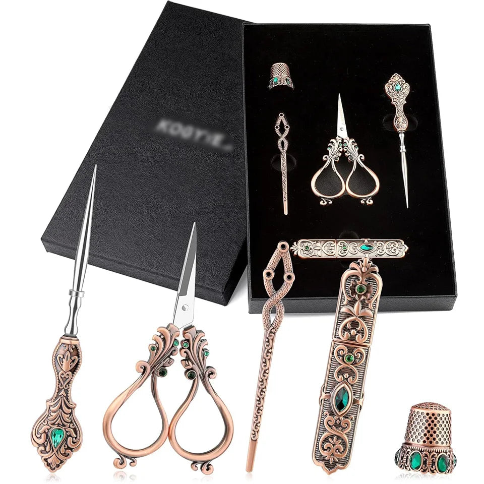 Vintage European Style Sewing Scissors case with and  Metal thimble