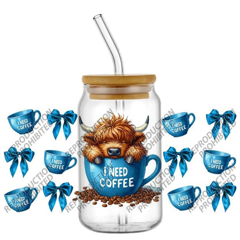 Scotland cow I need coffee UV DTF  Decals for 16oz cup wraps