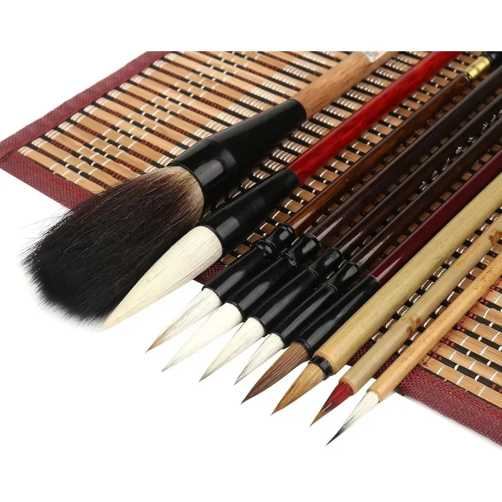 Painting brush with roll bamboo pen holder,
