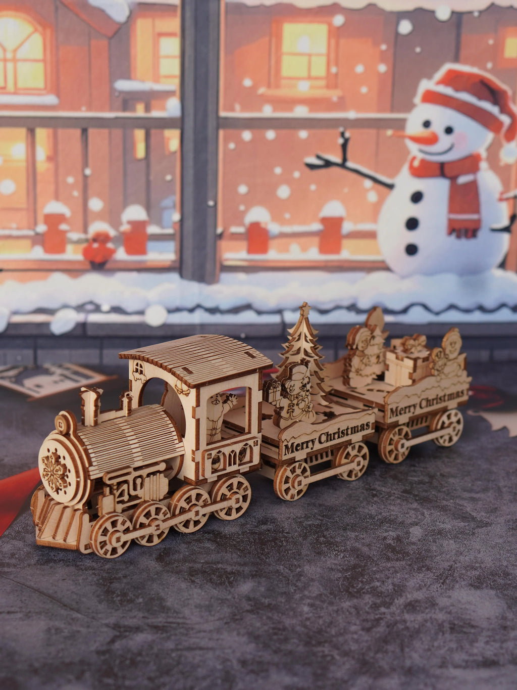 3D Wooden Christmas Train Puzzle Set - Retro Yellow Steam Motorcycle with Santa Claus, Snowman and Holiday Scene - Ideal Gift and Seasonal Decoration, Winter Wonderland Christmas Decoration