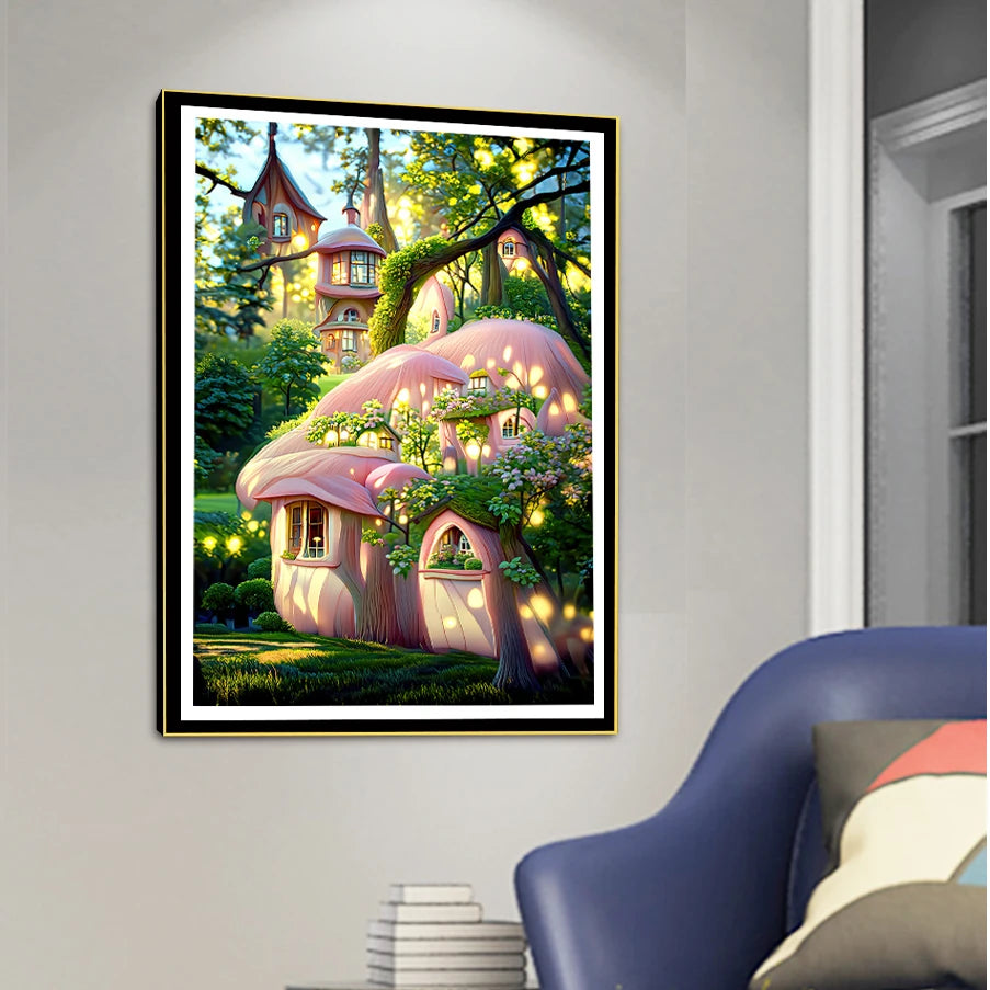 Fairy Tale Dream Mushroom House, Pink Forest Sunshine Theme, DIY Cross-Stitch Kit, Handmade Embroidery Material Package, Fantasy Fairy Tale Scene, Home Decoration Gift