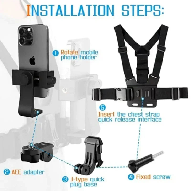 1 PC Adjustable Phone Clip Holder With Chest Strap Fixation Bracket with chest strap