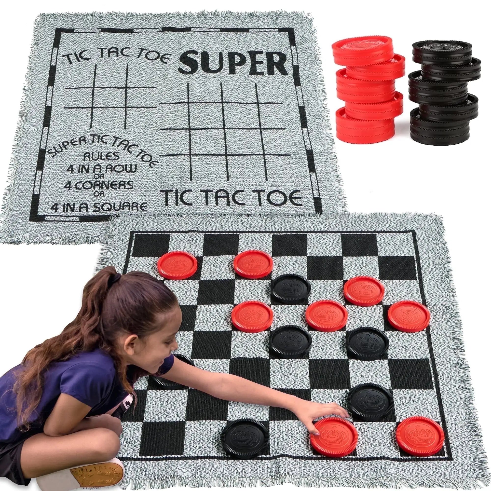 Joyfy 3-in-1 Vintage Giant Checkers Tic Tac Toe Game for Kids Outdoor Games Family Adults Game Toys