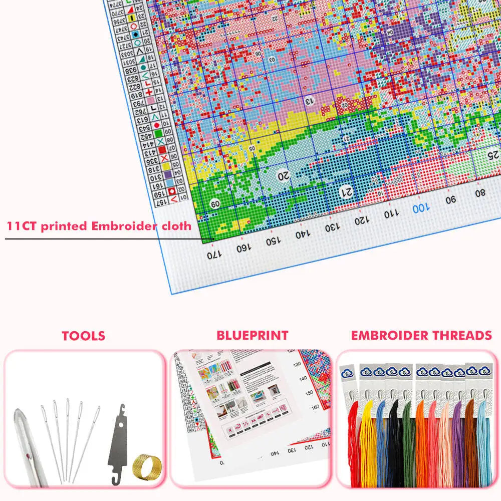 DIY Full 11CT Embroidery Cross Stitch Kits Christmas Tree Box Printed Needles Threads Cartoon Gift Home Decor