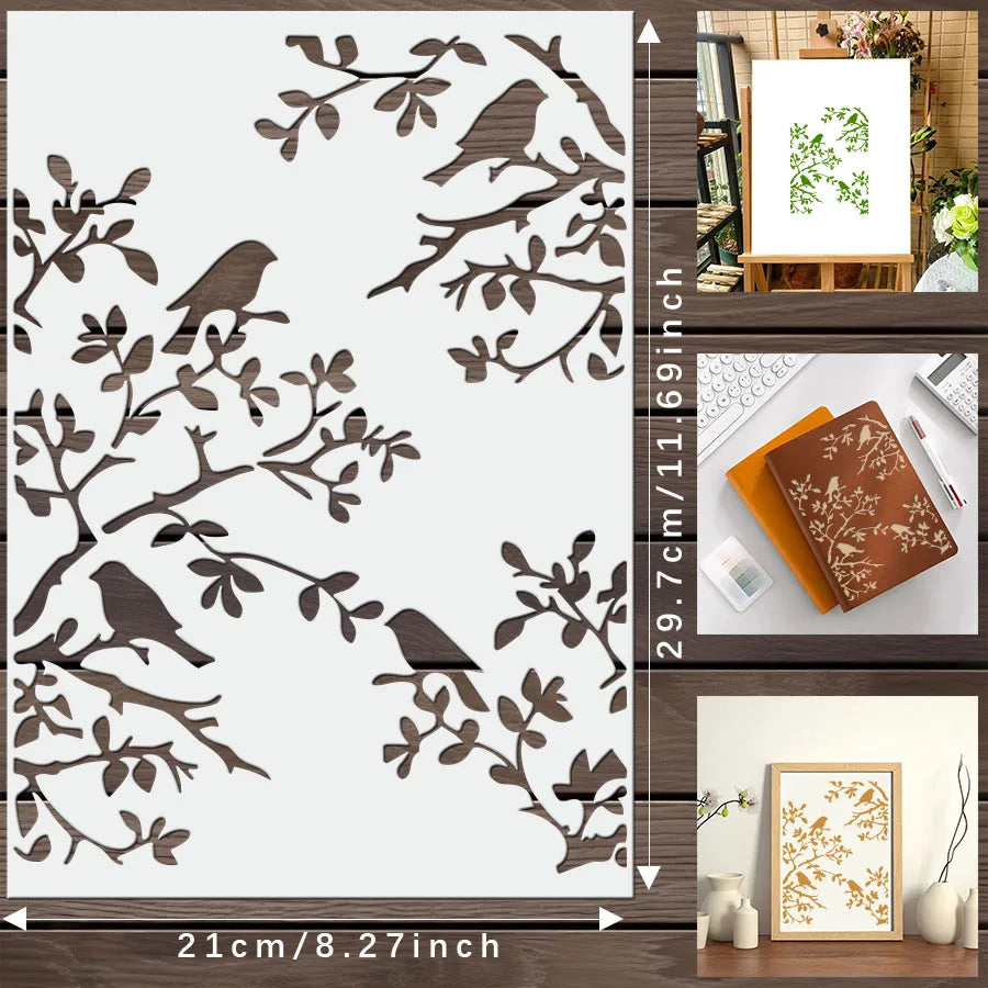 1pcs DIY Bird Branch Stencil for Wall Painting Decoration | Reusable Craft Template for Art Journals