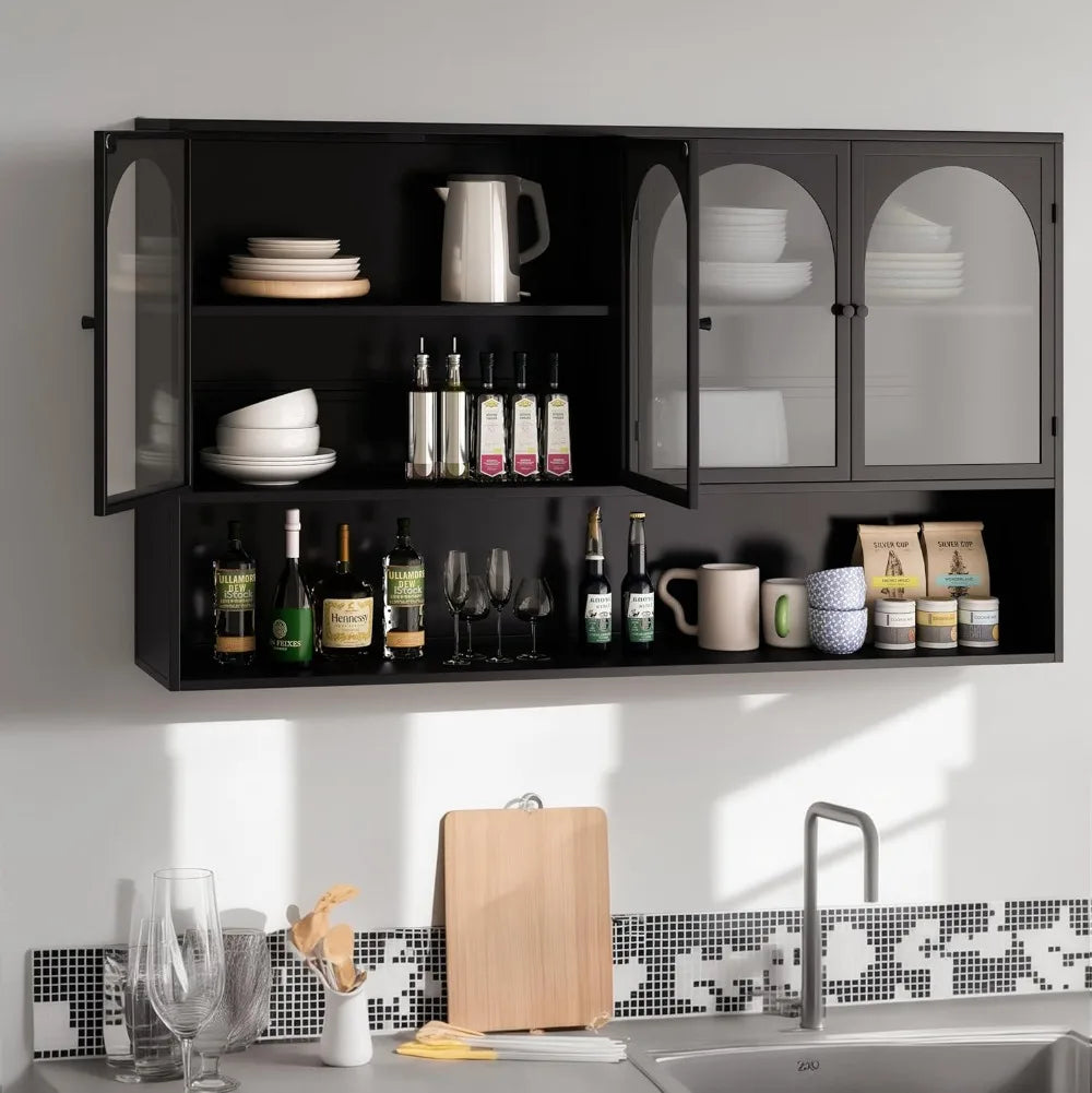 Retro Mint Green Glass Door Wall Cabinet with Removable Shelves