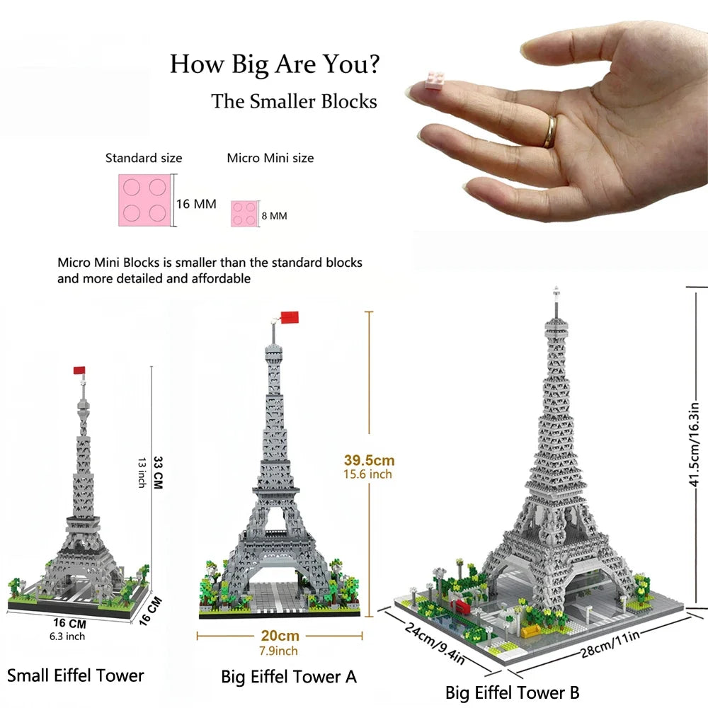 Paris Eiffel Tower Micro Mini Building Blocks Toys Set: LED Illuminated,