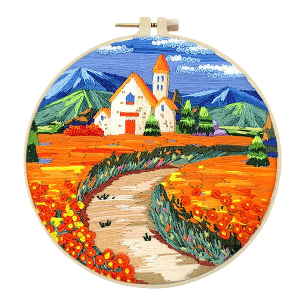 Landscape Stamped Cross Stitch Embroidery Kits with Hoop