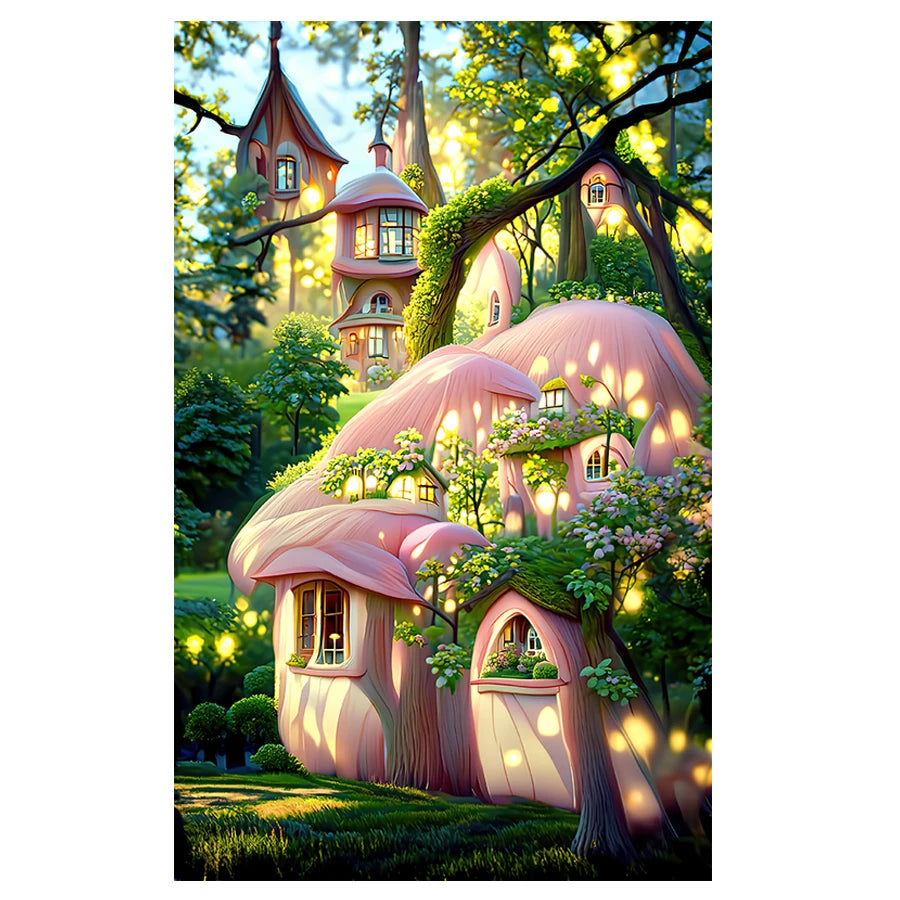 Fairy Tale Dream Mushroom House, Pink Forest Sunshine Theme, DIY Cross-Stitch Kit, Handmade Embroidery Material Package, Fantasy Fairy Tale Scene, Home Decoration Gift