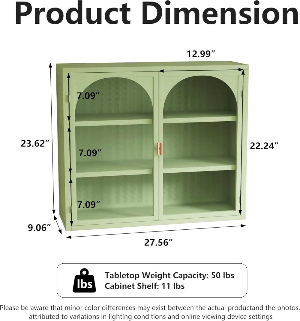 Retro Mint Green Glass Door Wall Cabinet with Removable Shelves