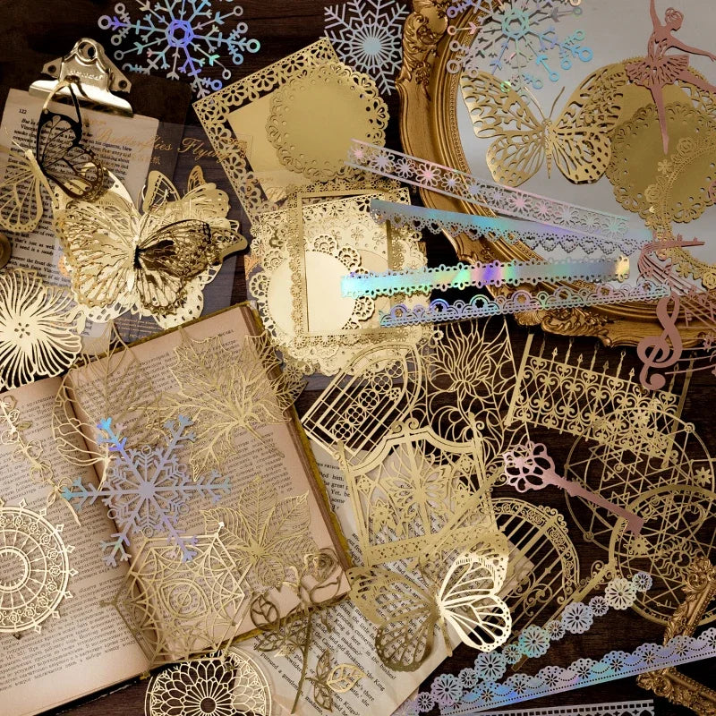 10Pcs Gold Lace Leaf Paper Scrapbook Sticker Die Cut