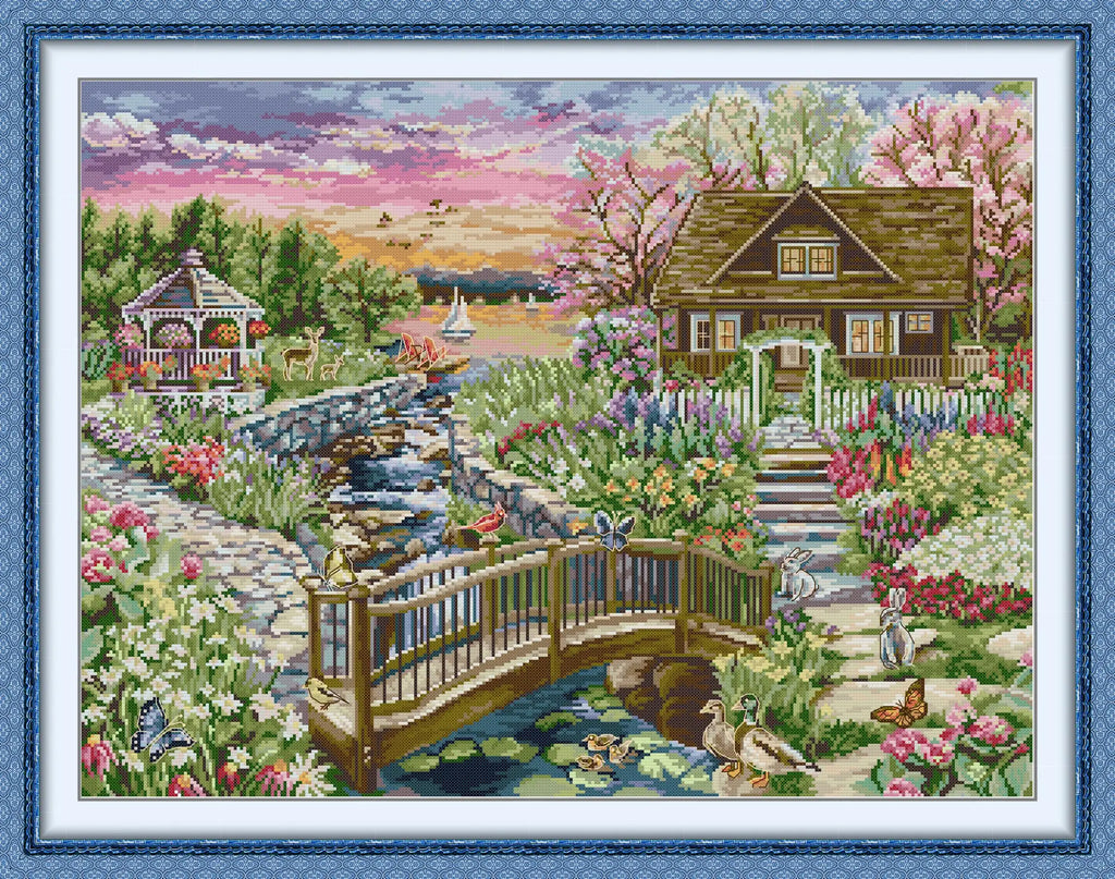 Joy Sunday Cross Stitch Kits Spring Lake House Pattern Counted Printed Fabric Aida 14/11CT DIY Embroidery Set Art Crafts
