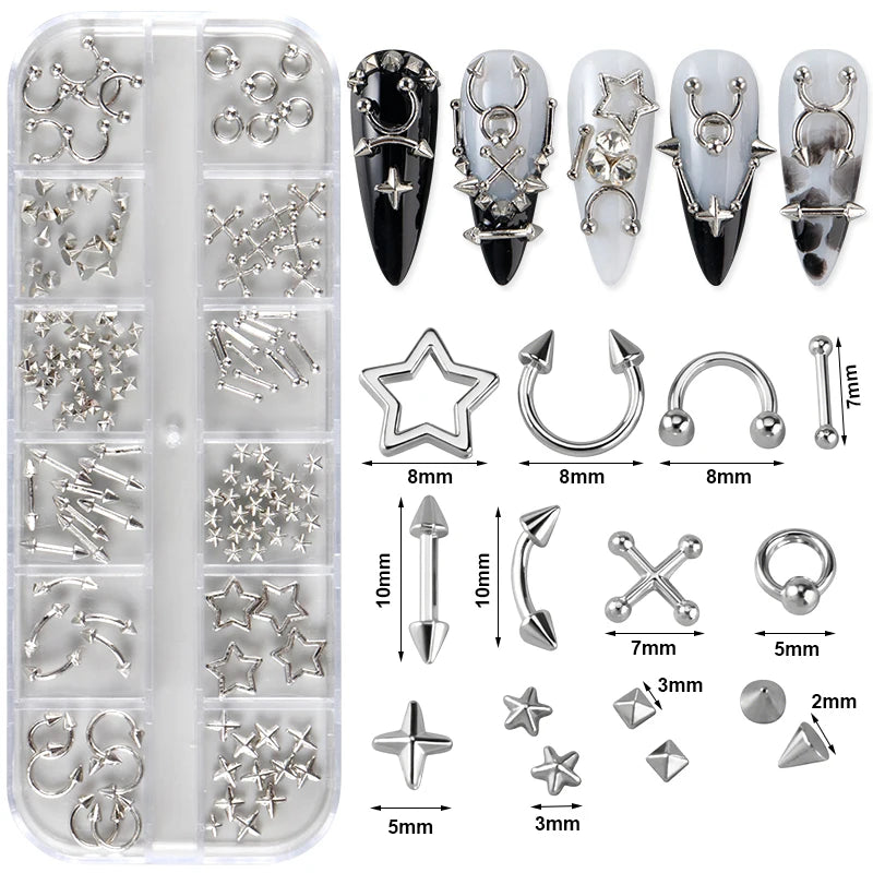 12 Grids Goth Punk Nail Charms Studs Y2K Piercing Designs Metallic Silvery Nails Art Rivets 3D Stars Alloy Nail Art Decorations