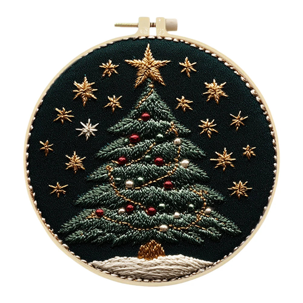 Christmas Tree Stamped Cross Stitch Embroidery Kits with Hoop Cloth Color Thread
