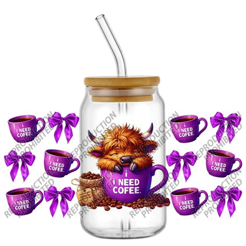 Scotland cow I need coffee UV DTF  Decals for 16oz cup wraps