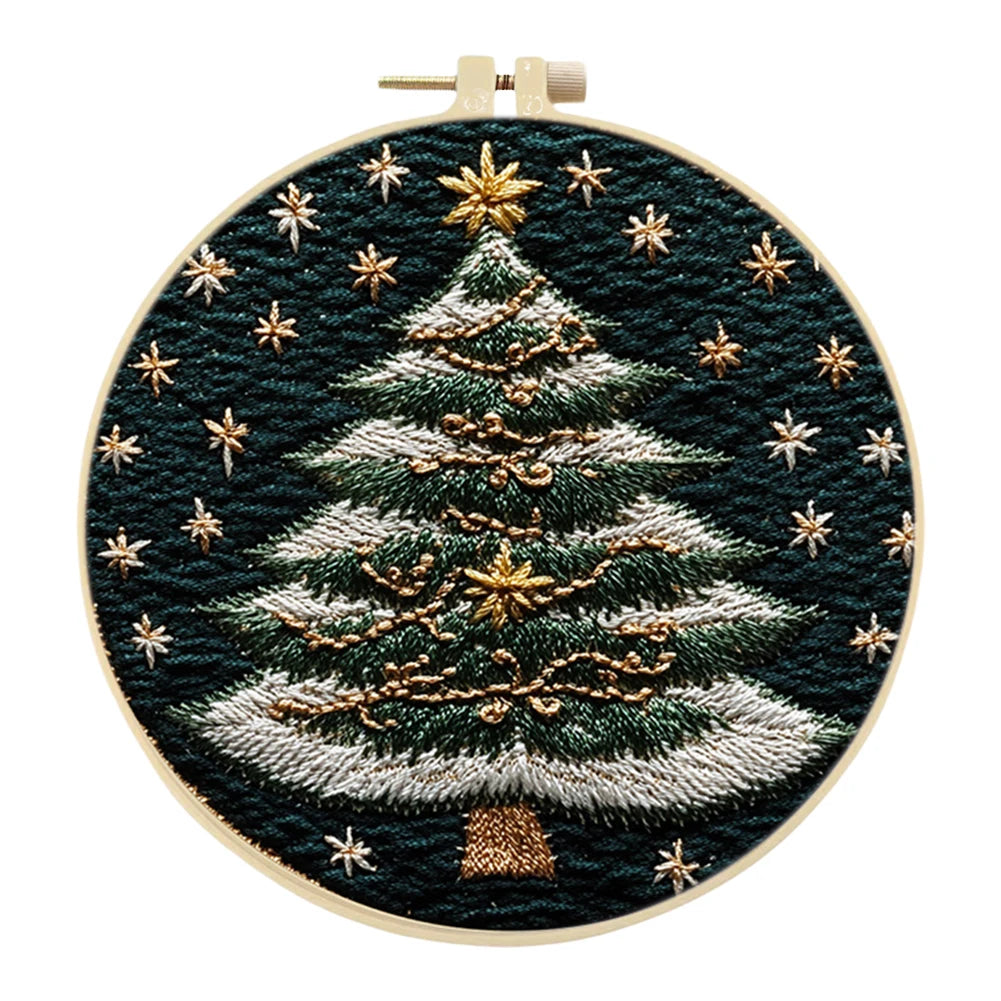Christmas Tree Stamped Cross Stitch Embroidery Kits with Hoop Cloth Color Thread