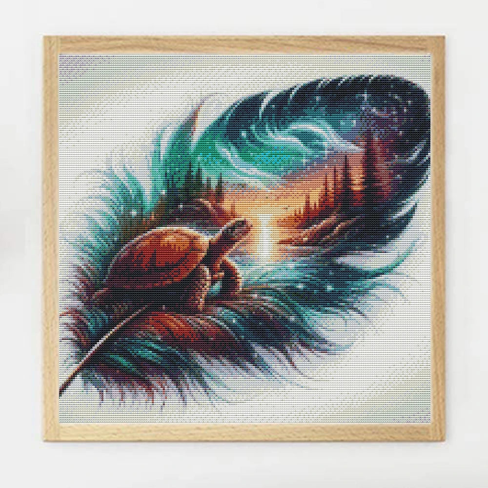 Tortoise Embroidery Fabric l 11ct Needlework Feather  Sunset