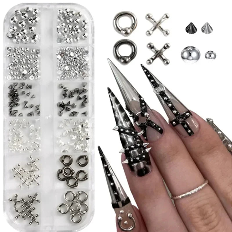 "12 Grid Gothic Nail Patch -3D Grey and Silver Alloy Rivets, Y2K Punk Nail Accessories, Metal Ring, Used for Nail Decoration.